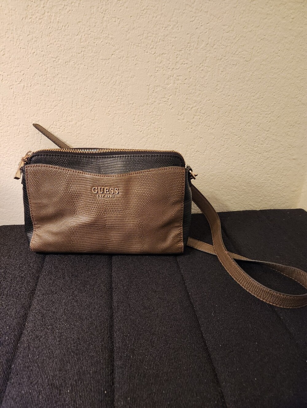 GUESS Lyndi Girlfriend Crocodile Print Small Purse Crossbody Bag - Brown/Black